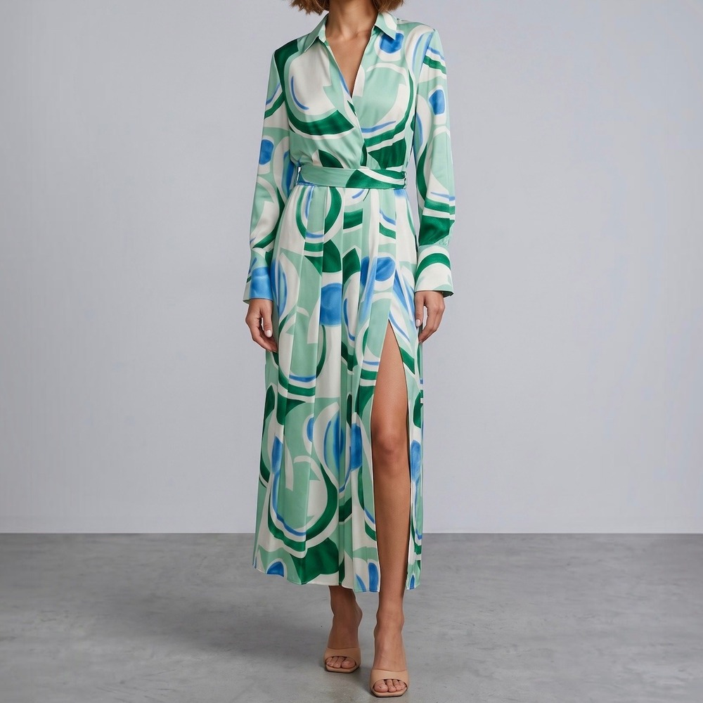 Zara Satin Effect Box Pleat Midi Dress Long Sleeve Slit Retro Resort Wear Small